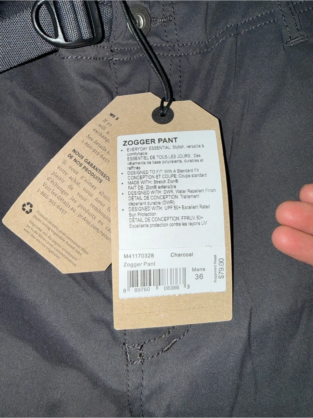 NWT prAna Zogger Pant Men’s 36x30 Stretch Zion Cargo Jogger Gray Hiking